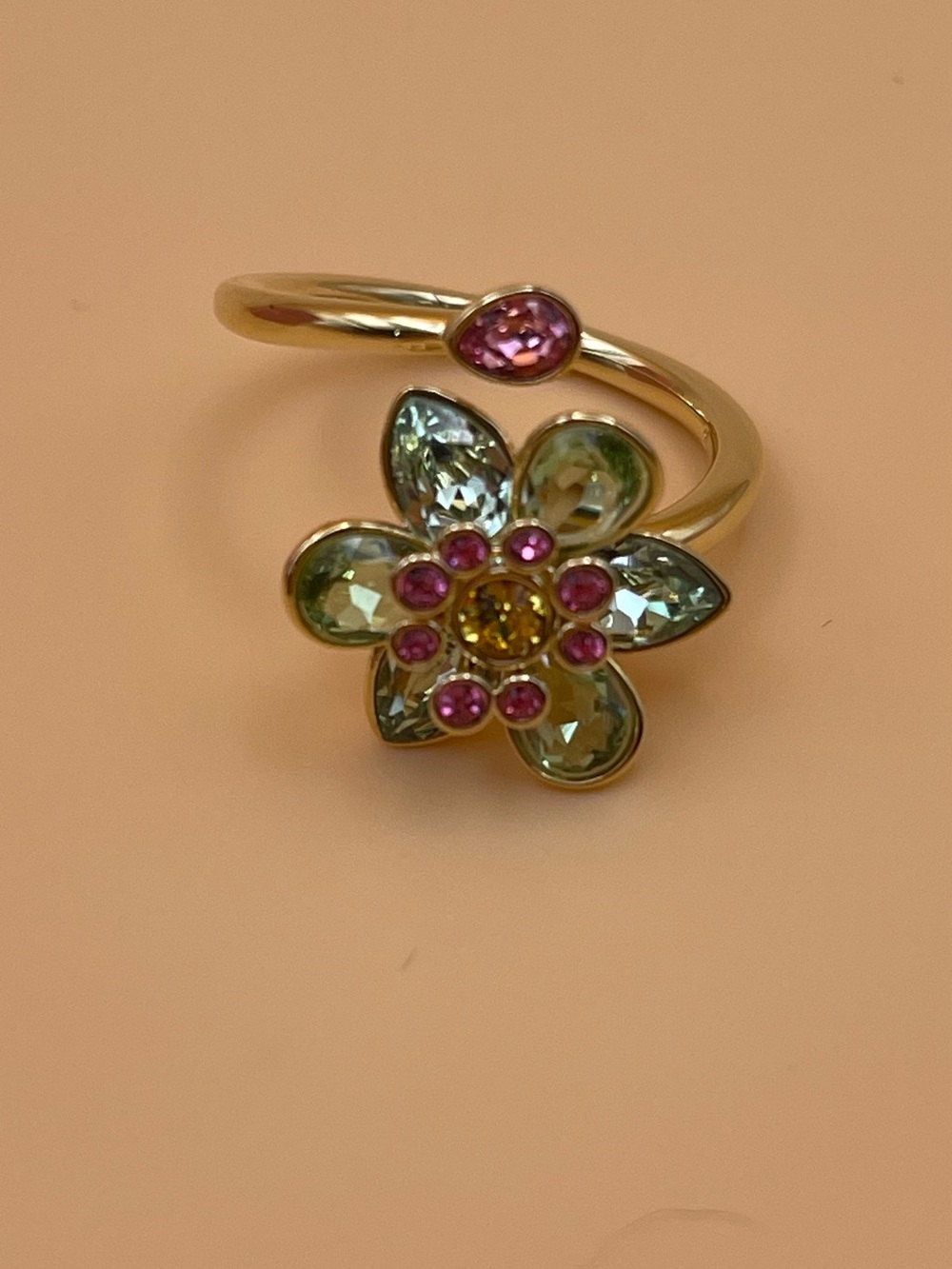 Swarovski Gold Tone Crystal Flower Wrap Ring Pink Green w/ Original Box - Picture 8 of 11
